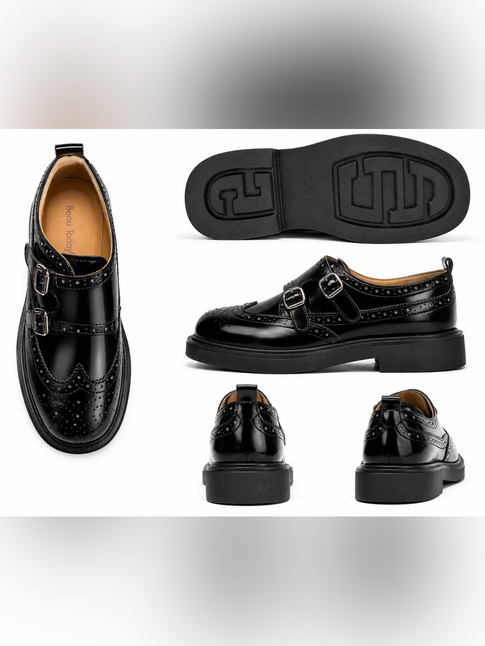 Black Double Monk Brogue Shoes for women